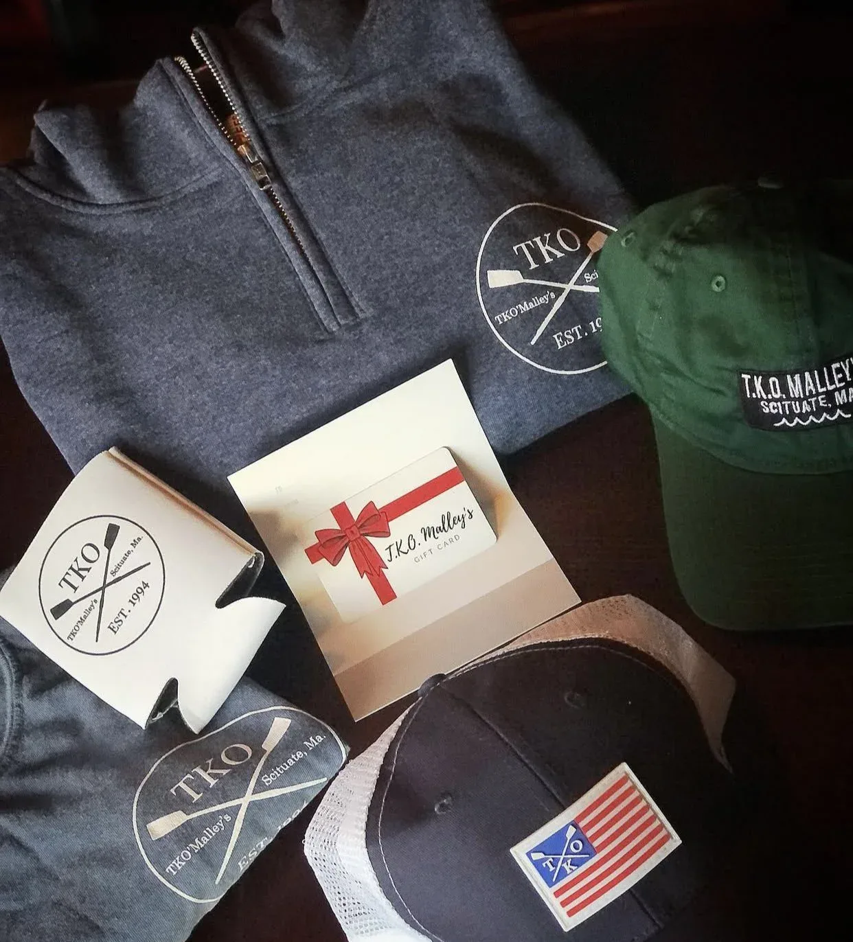 T.K.O. Malley's merchandise — hats, sweatshirts, koozies and gift cards